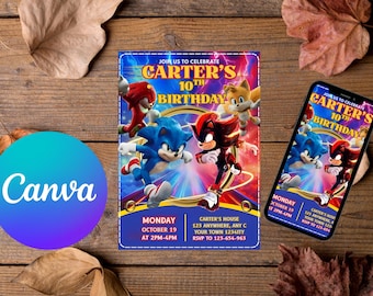 Invitación de cumpleaños de Sonic, invitación editable en Canva (descarga digital)
