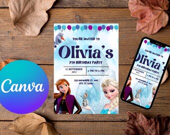 Plantilla editable de invitación de cumpleaños de Frozen, invitación imprimible para fiesta de cumpleaños de Elsa de Frozen, invitación de cumpleaños de Frozen para cualquier edad, Canva PDF