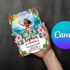May include: A colorful invitation featuring a cartoon character on a beach with ocean waves and tropical flowers. The invitation reads "Sophia is turning 6" with event details and the Canva logo.
