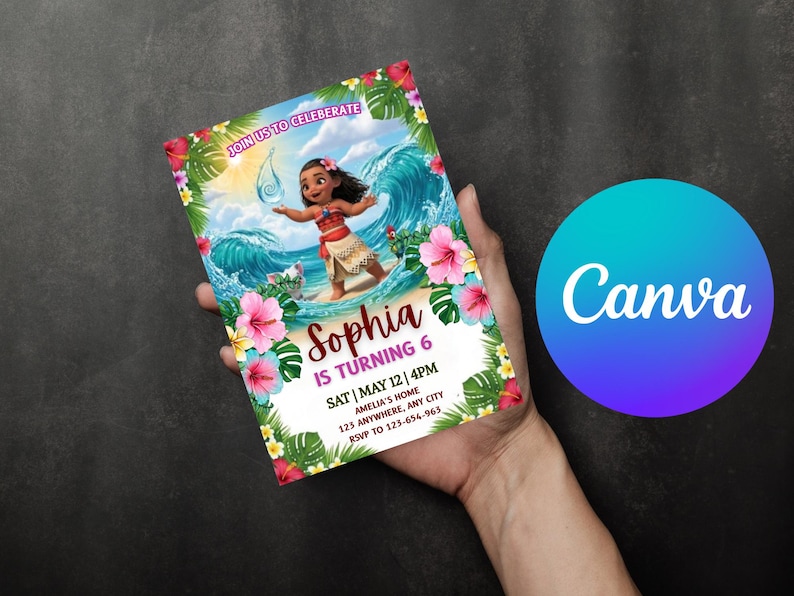 May include: A colorful invitation featuring a cartoon character on a beach with ocean waves and tropical flowers. The invitation reads "Sophia is turning 6" with event details and the Canva logo.
