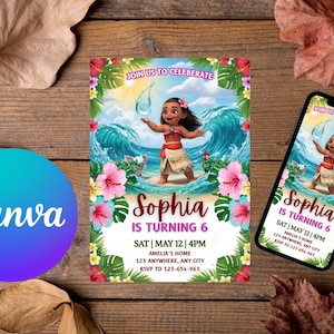May include: A birthday invitation featuring a cartoon girl in a tropical setting with ocean waves and flowers. The invitation reads "Sophia is turning 6" with event details. A smartphone displays the same design.