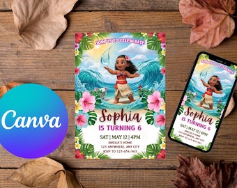 Invitaciones digitales de cumpleaños de Moana / Plantilla de invitación hawaiana editable / Descarga digital para fiestas infantiles / Acceso instantáneo / Cumpleaños infantil de Moana