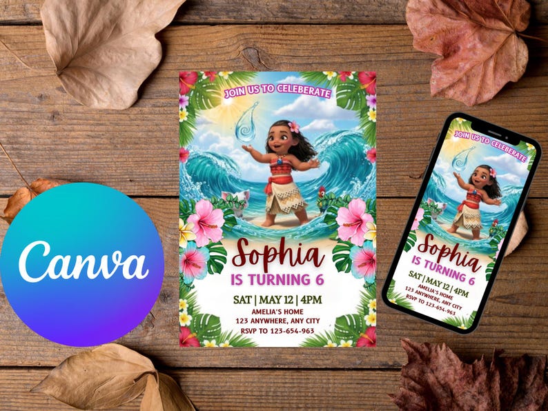 May include: A birthday invitation featuring a cartoon girl in a tropical setting with ocean waves and flowers. The invitation reads "Sophia is turning 6" with event details. A smartphone displays the same design.