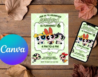 Invitación de cumpleaños de Las Chicas Superpoderosas / Plantilla editable de Canva (Descarga digital)