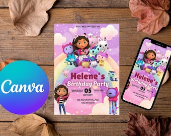 Invitación para la Casa de Muñecas de Gabby - Cumpleaños Infantil, Cumpleaños en Casa de Muñecas, Plantilla Editable, Invitación para Fiesta en Casa de Muñecas, Invitación Digital