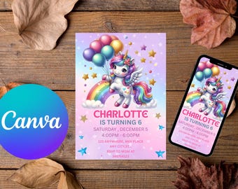 Invitación de cumpleaños de unicornio, invitación de fiesta de arcoíris pastel, invitación brillante, descarga de plantilla imprimible de Canva, invitación para niñas