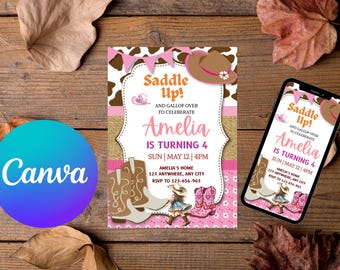 Plantilla editable de invitación de cumpleaños de vaquera, invitación de cumpleaños de niña y caballo, invitación de fiesta de vaquera y caballo, invitación de cumpleaños con flores rosas
