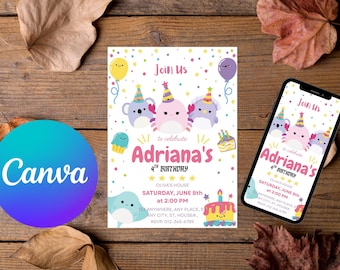 Invitación editable de Squishmallow, invitación de cumpleaños imprimible de Squishmallow, invitación de cumpleaños de niña, invitación de Squish, EDITABLE POR EDAD