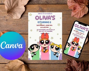 Powerpuff Girls Birthday Invitation | Editable Canva Template | Girl Birthday Invite | Princess Party Printable | Instant Edit & Download