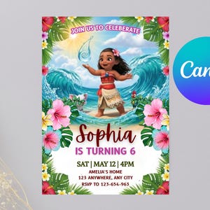 May include: A colorful invitation featuring a cartoon character on a beach with ocean waves. The invitation includes the text "Sophia is turning 6" and event details. The Canva logo is in the upper right corner.