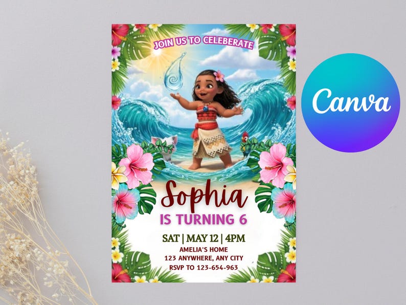 May include: A colorful invitation featuring a cartoon character on a beach with ocean waves. The invitation includes the text "Sophia is turning 6" and event details. The Canva logo is in the upper right corner.