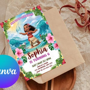 May include: A colorful birthday invitation featuring a cartoon character on a wave, surrounded by tropical flowers and foliage. The invitation reads "Sophia is turning 6" with event details. The Canva logo is visible.