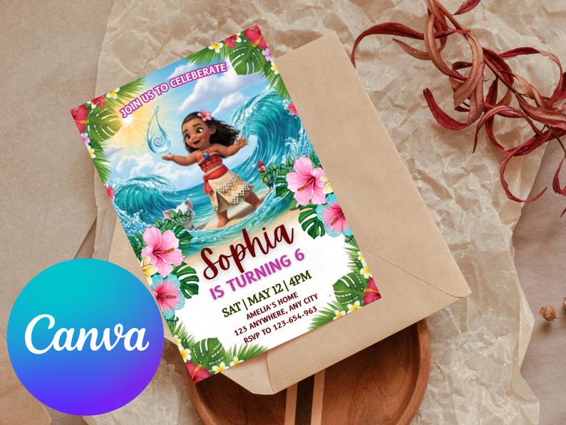 May include: A colorful birthday invitation featuring a cartoon character on a wave, surrounded by tropical flowers and foliage. The invitation reads "Sophia is turning 6" with event details. The Canva logo is visible.