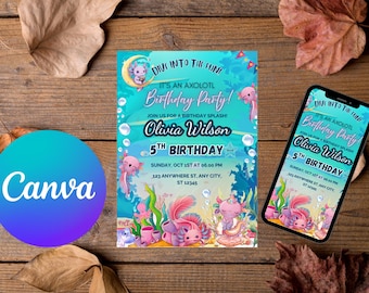 Plantilla de invitación de cumpleaños de ajolote, invitación de cumpleaños de ajolote, invitación de cumpleaños bajo el mar, plantilla editable de Canva