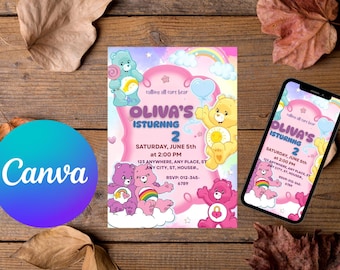Invitación de cumpleaños de los Ositos Cariñositos / Invitación editable para fiesta de niña / Invitación para segundo cumpleaños / Tema de ositos de peluche arcoíris / Plantilla de Canva