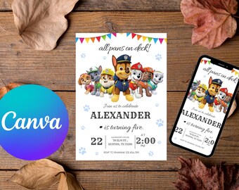 Editable Paw-ty Birthday Invitation Template, Kids Party Invitation, Puppy Patrol Pup Boys & Girls Bday, Canva Download