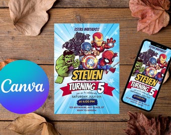 Invitación de cumpleaños de superhéroes editable, invitación de cumpleaños de superhéroes, tarjeta de invitación de superhéroes de los Vengadores imprimible, fiesta de cumpleaños de los Vengadores