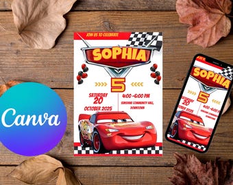 Invitación de cumpleaños de Cars / Invitación de Rayo McQueen, Invitación de cumpleaños infantil / Invitación digital editable, personalizada e imprimible en Canva
