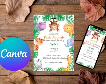 Plantilla editable de invitación de cumpleaños con temática de animales de fiesta / Invitación imprimible para fiesta de cumpleaños de niña: ¡Atención, animales de fiesta!