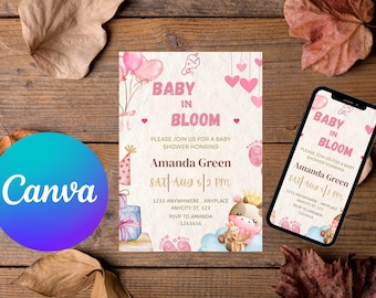 Invitación para baby shower con temática de bosque, editable, con temática de animales del bosque y género neutro. Descarga instantánea.
