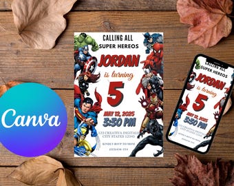 Invitación de cumpleaños de superhéroes editable, invitación de cumpleaños de superhéroes, tarjeta de invitación imprimible de los Vengadores, fiesta de cumpleaños de los Vengadores