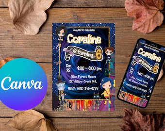 Invitación editable de Coraline en Canva, tarjeta de invitación de cumpleaños imprimible de Coraline, fiesta de cumpleaños de Coraline, invitación digital de cumpleaños de Coraline