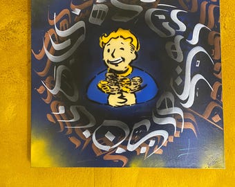 Lámina artística de Vault Boy: Pip Boy con monedas, decoración de pared estilo grafiti.
