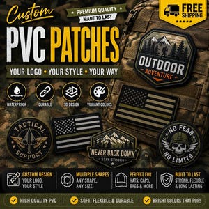 May include: Custom PVC patches featuring various designs including an outdoor mountain scene, American flags, a tactical support emblem with a spear, and a skull graphic. The patches are displayed on a camouflage backpack with text overlays.