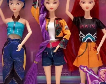 Hunters Girl K-pop Inspired Doll Set, Anime Style Fashion Trio, Colorful Hair Display Toy
