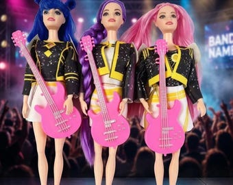 3PCS Rockstar Dolls Set with Pink Guitars – Fashion Music Style Collectible Toy For Kids