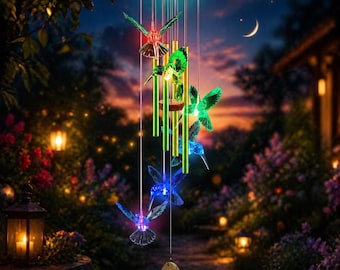 Hummingbird Solar Wind Chimes, Color Changing LED Garden Decor, Aluminum Tubes, Outdoor Gift