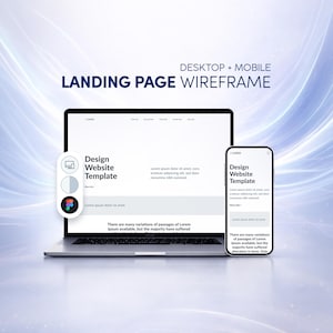 May include: A laptop and smartphone display a "Design Website Template" landing page wireframe. The text "LANDING PAGE WIREFRAME" and "DESKTOP + MOBILE" are visible. The laptop shows a website design, and the phone shows a mobile version.