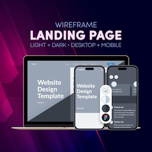 Op de afbeelding: Een digitaal ontwerpconcept met een laptop en twee smartphones die een website-ontwerpsjabloon weergeven. De afbeelding bevat de tekst "WIREFRAME LANDING PAGE LIGHT + DARK DESKTOP + MOBILE". De apparaten staan tegen een verloopachtergrond.