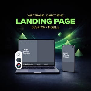 May include: A dark theme landing page wireframe template for desktop and mobile devices. The display shows the text Design Website Template. A small vertical control panel features icons for screen sizes and a Figma logo on a dark background.