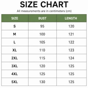 May include: A size chart table with black text on a white background and olive green headers. The table lists sizes from S to 5XL with corresponding bust and length measurements in centimeters, ranging from 95 to 130 for bust and 120 to 125 for length.