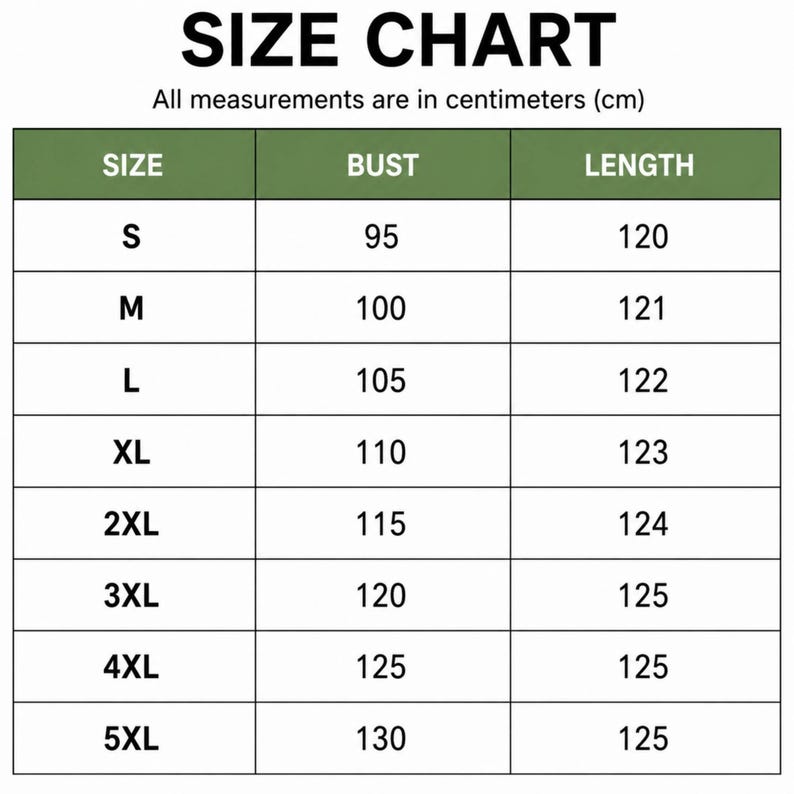 May include: A size chart table with black text on a white background and olive green headers. The table lists sizes from S to 5XL with corresponding bust and length measurements in centimeters, ranging from 95 to 130 for bust and 120 to 125 for length.