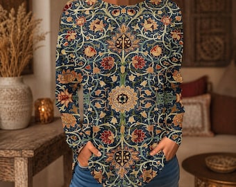 Top de algodón con estampado botánico para mujer, túnica de manga larga de corte relajado, blusa para mujer, hecha a mano.