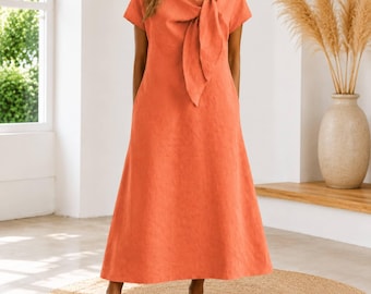 Robe pour femme - Robe d'été midi beige avec nœud - Tenue légère et respirante