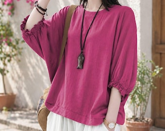 Blouse ample en coton et lin Femme | Haut décontracté bohème | Chemise d'été minimaliste | Confortable à porter au quotidien