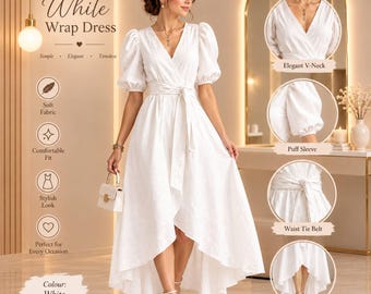 Robe longue portefeuille pour femme, robe asymétrique à col en V et manches bouffantes