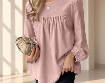 Chemisier en coton et lin pour femme, haut ample à manches longues, chemise froncée décontractée