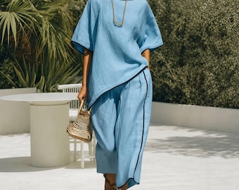 Boho Loose Fit Passendes Set für Frauen | Schickes Outfit mit weitem Bein | Lockeres Fashion Outfit