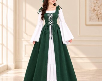 Robe élégante à corsage lacé, décolleté carré épaules dénudées, manches longues cloche, robe de princesse, robe de bal de conte de fées vintage