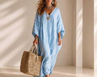 Robe kaftan rayée pour femme, robe maxi bohème, tenue de plage