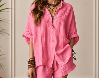 Ensemble chemise short oversize | Ensemble deux pièces d'été pour femme | Vêtements de détente légers et décontractés