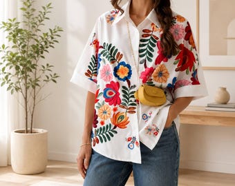 Chemise bohème fleurie à boutons | Blouse oversize pour femme | Haut d'été