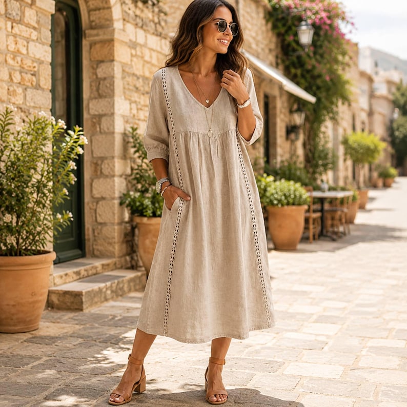 Elegancka, zwiewna sukienka midi | Luźny styl boho | Letni strój Beige