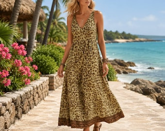 Robe longue bohème à imprimé léopard - Tenue de plage fluide en été