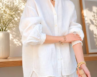 Boutonnée 100 % lin pour femme | Blouse ample | Haut léger | Décontracté au quotidien