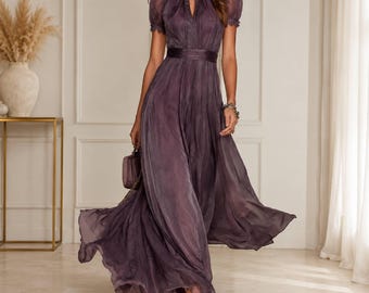 Elegant Chiffon Maxi Dress for Women, Pleated Formal Evening Party Wear